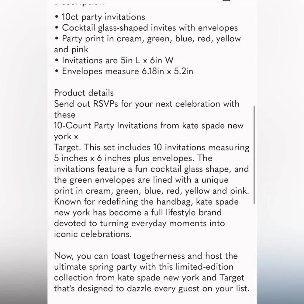 KATE SPADE NWT 10ct martini glass party invitations -green